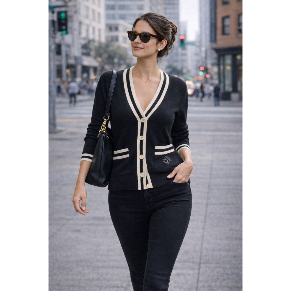Sandro Paris Cardigan Black Cream V Neck Button Front Long Sleeve size M
